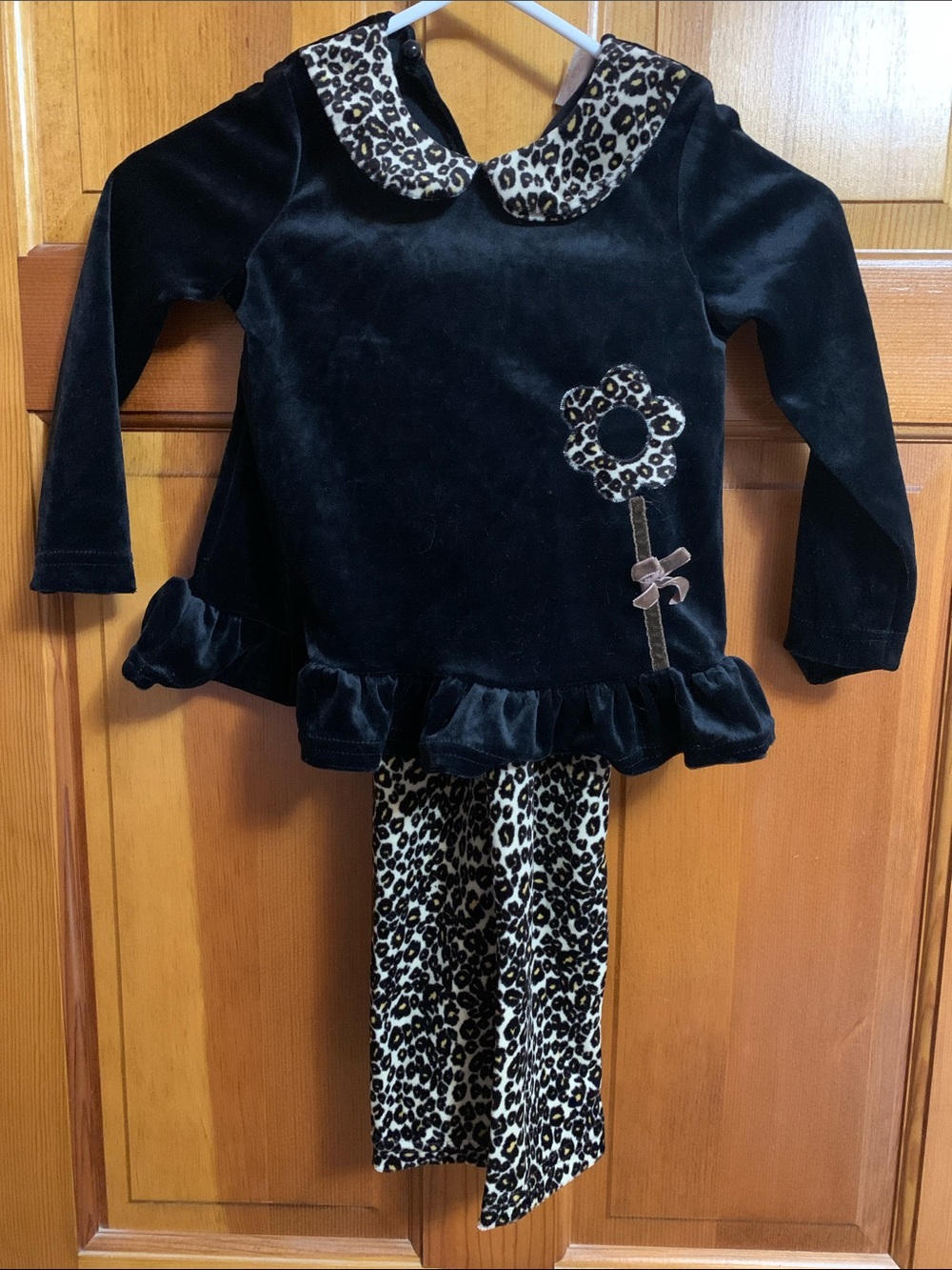 Girls Black Velvet and Cheetah Print Long Sleeve Set
